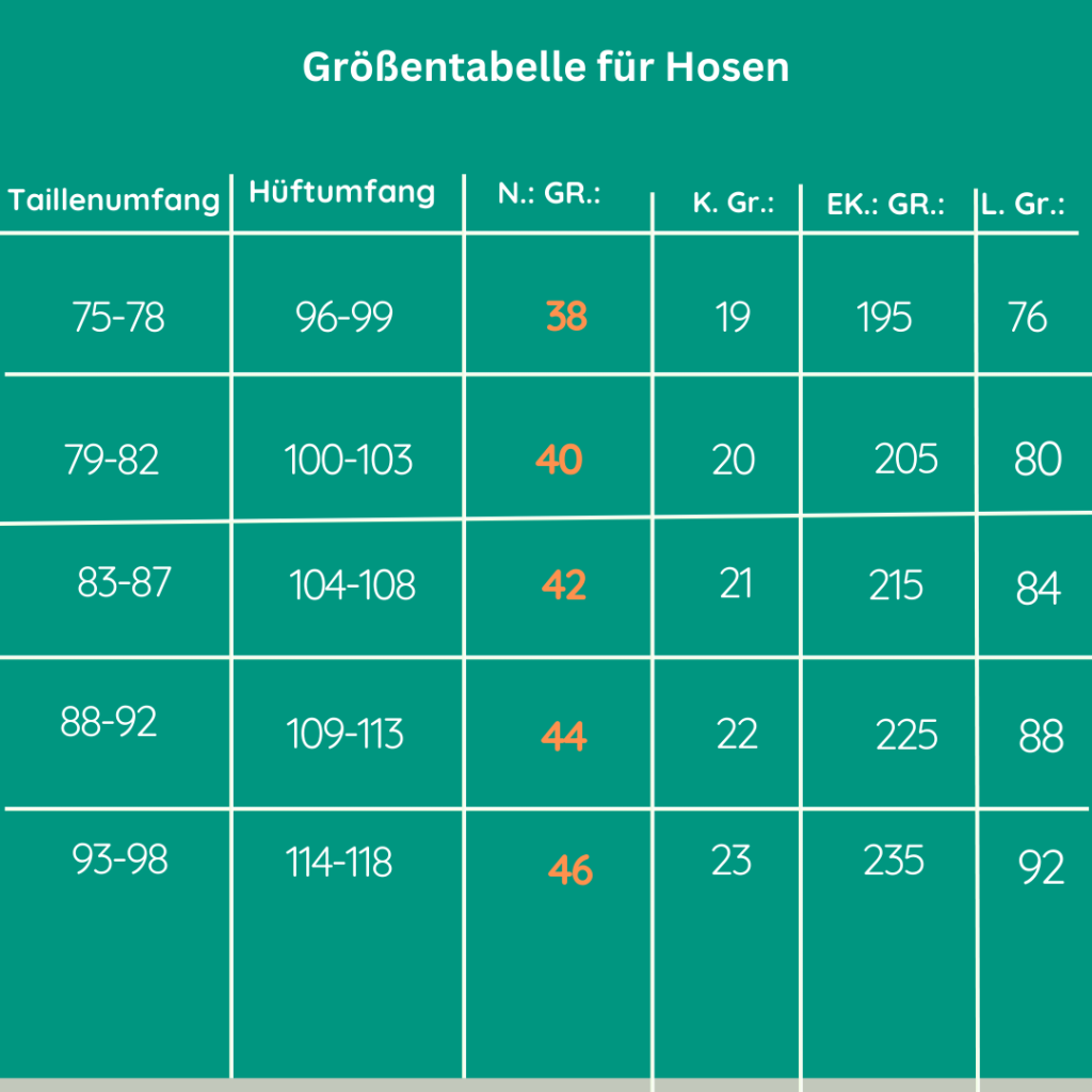 Größentabelle Damen Hosen Gr.:38-46